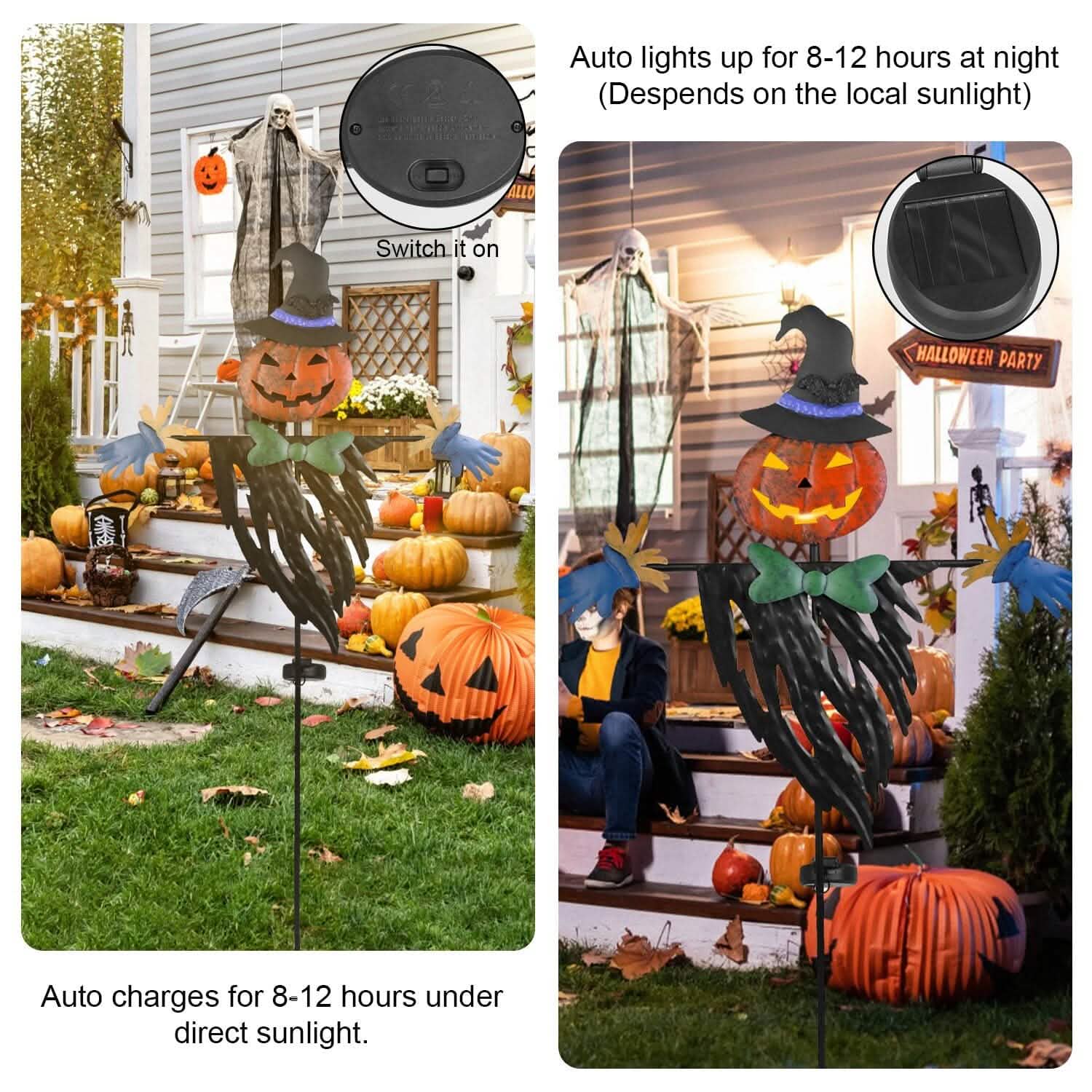 Décoration lumineuse de pieu d'épouvantail à énergie solaire pour Halloween
