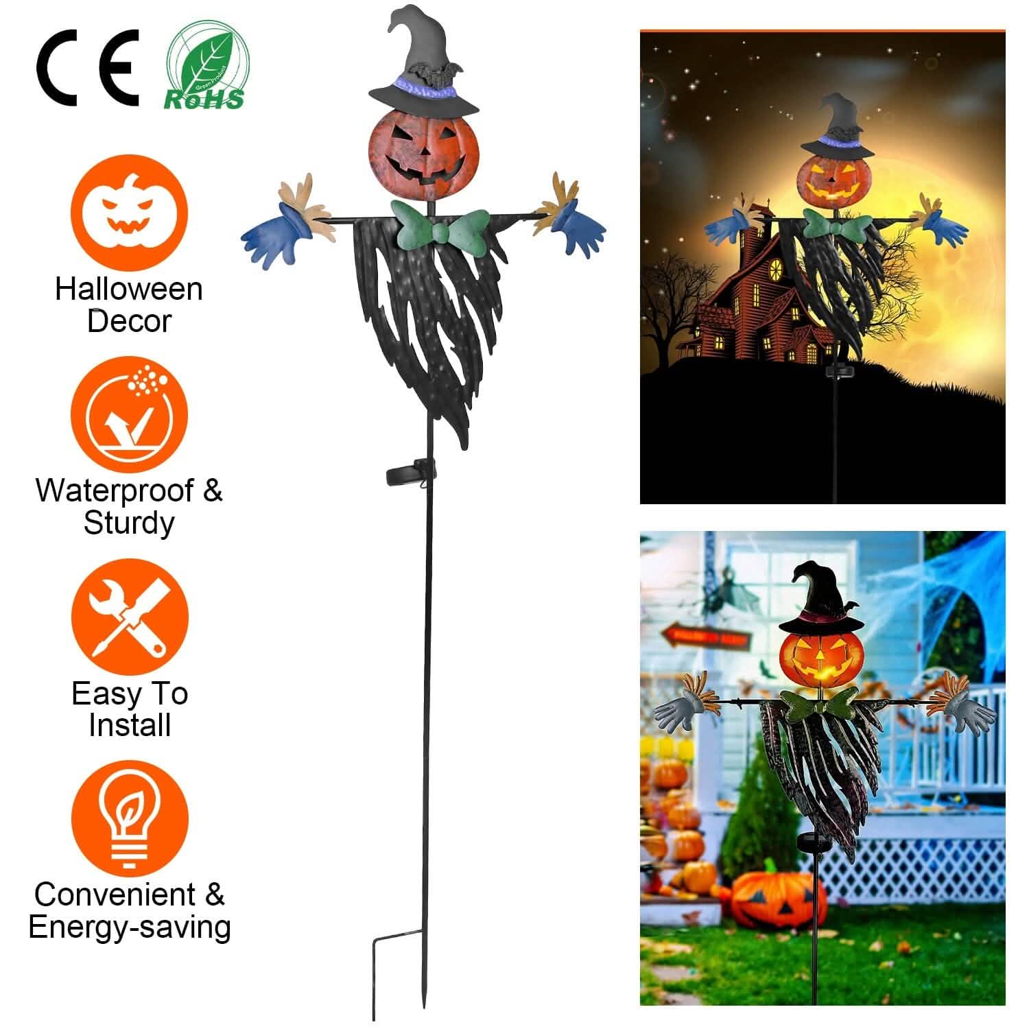 Décoration lumineuse de pieu d'épouvantail à énergie solaire pour Halloween