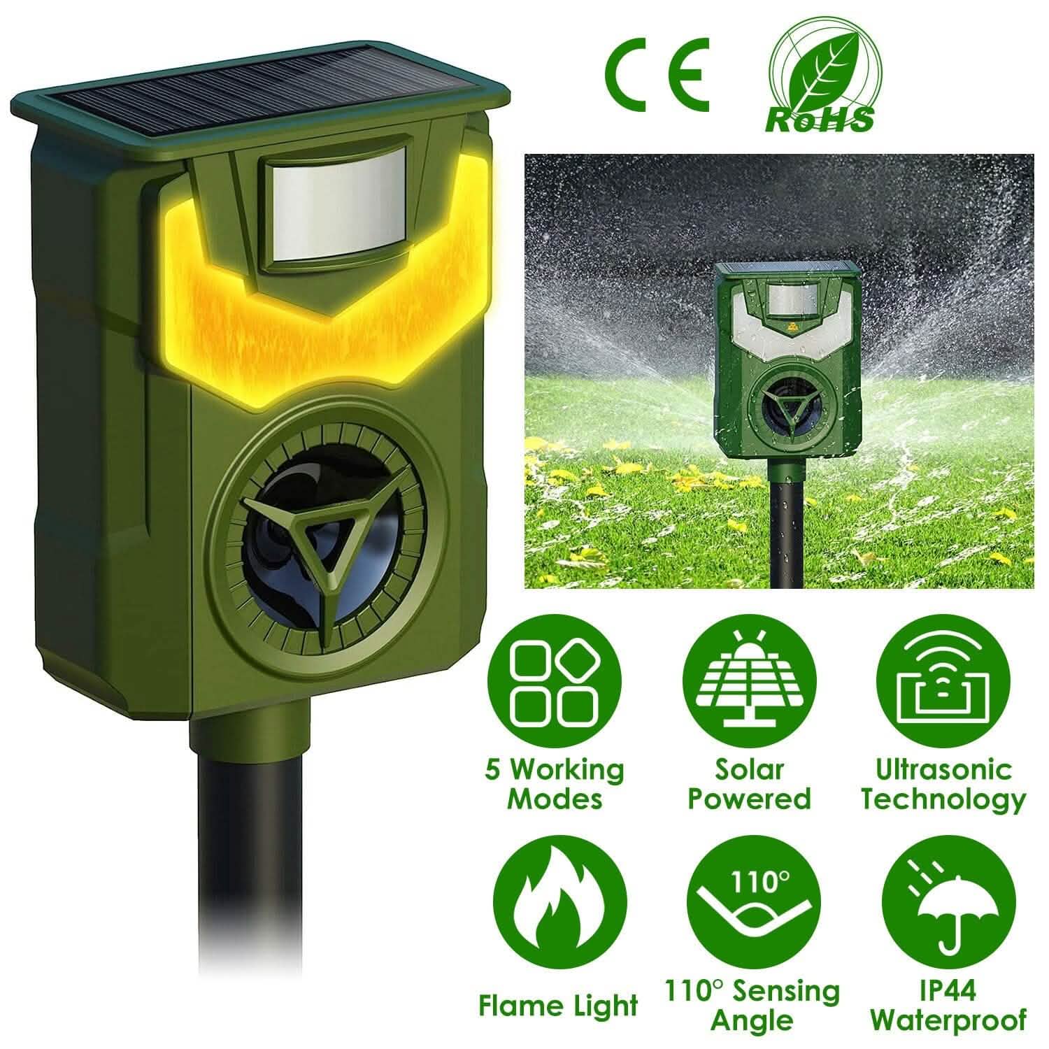Répulsif Solaire Ultrasonique pour Animaux avec Lumière Flamboyante et Capteur de Mouvement rechargeable par USB