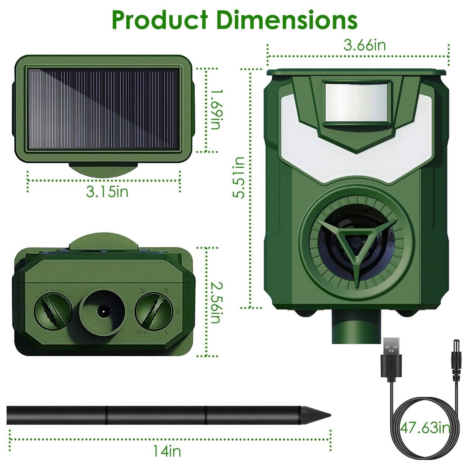 Répulsif Solaire Ultrasonique pour Animaux avec Lumière Flamboyante et Capteur de Mouvement rechargeable par USB