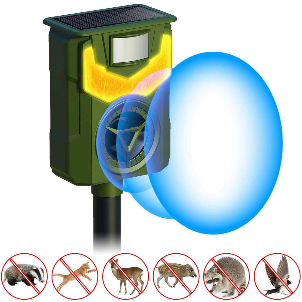 Répulsif Solaire Ultrasonique pour Animaux avec Lumière Flamboyante et Capteur de Mouvement rechargeable par USB