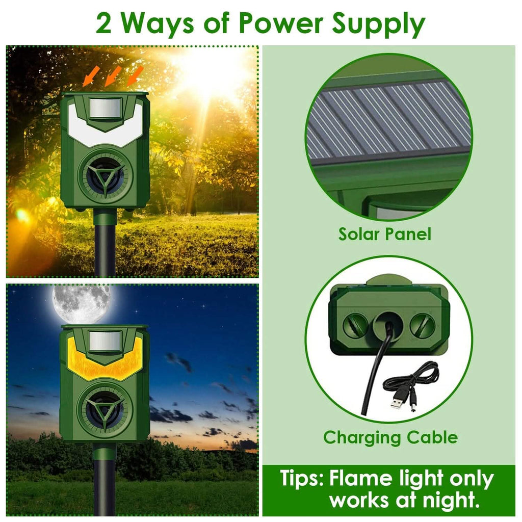 Répulsif Solaire Ultrasonique pour Animaux avec Lumière Flamboyante et Capteur de Mouvement rechargeable par USB
