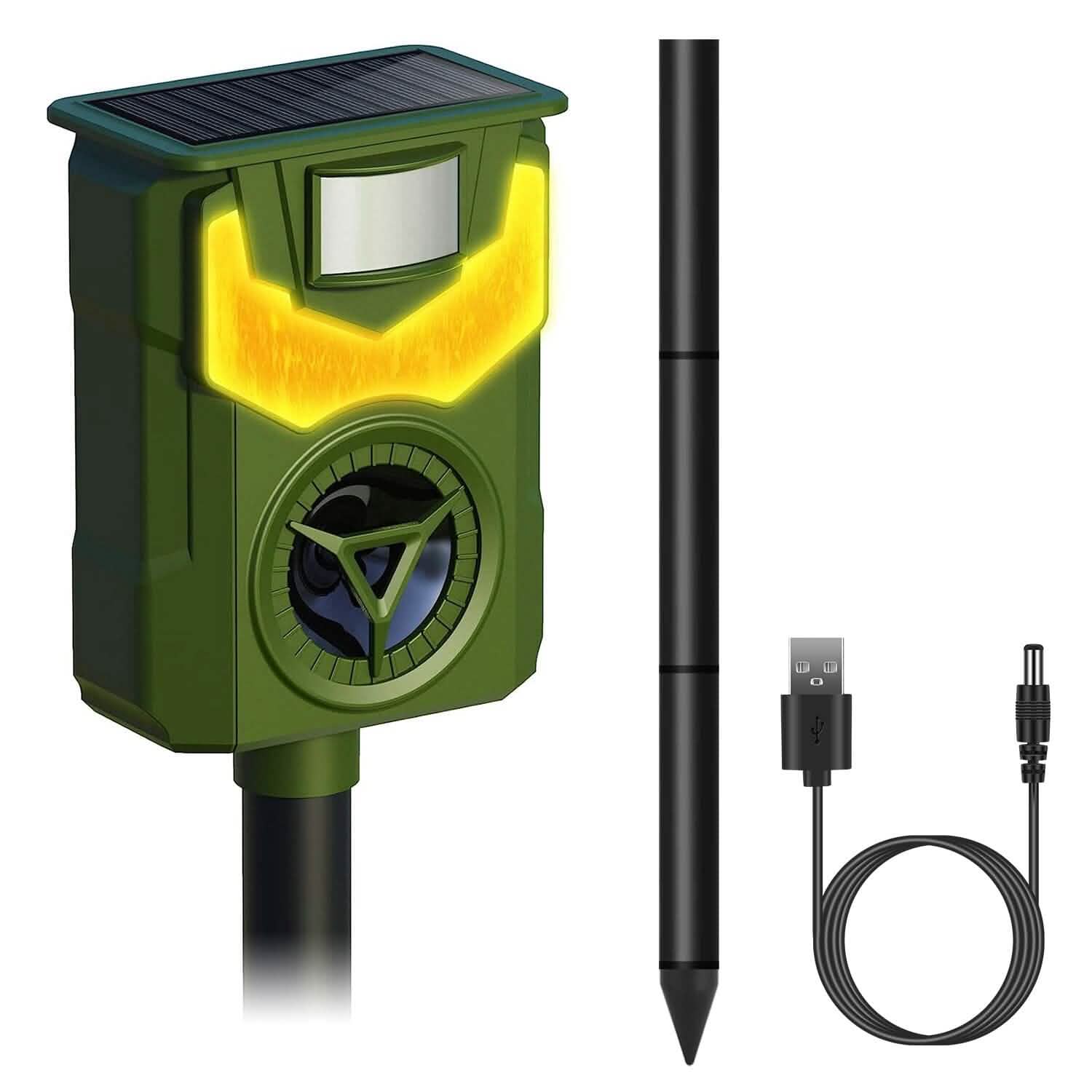 Répulsif Solaire Ultrasonique pour Animaux avec Lumière Flamboyante et Capteur de Mouvement rechargeable par USB