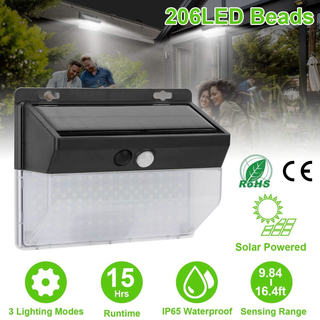 Lampe solaire murale extérieure 206 LED avec détecteur de mouvement PIR
