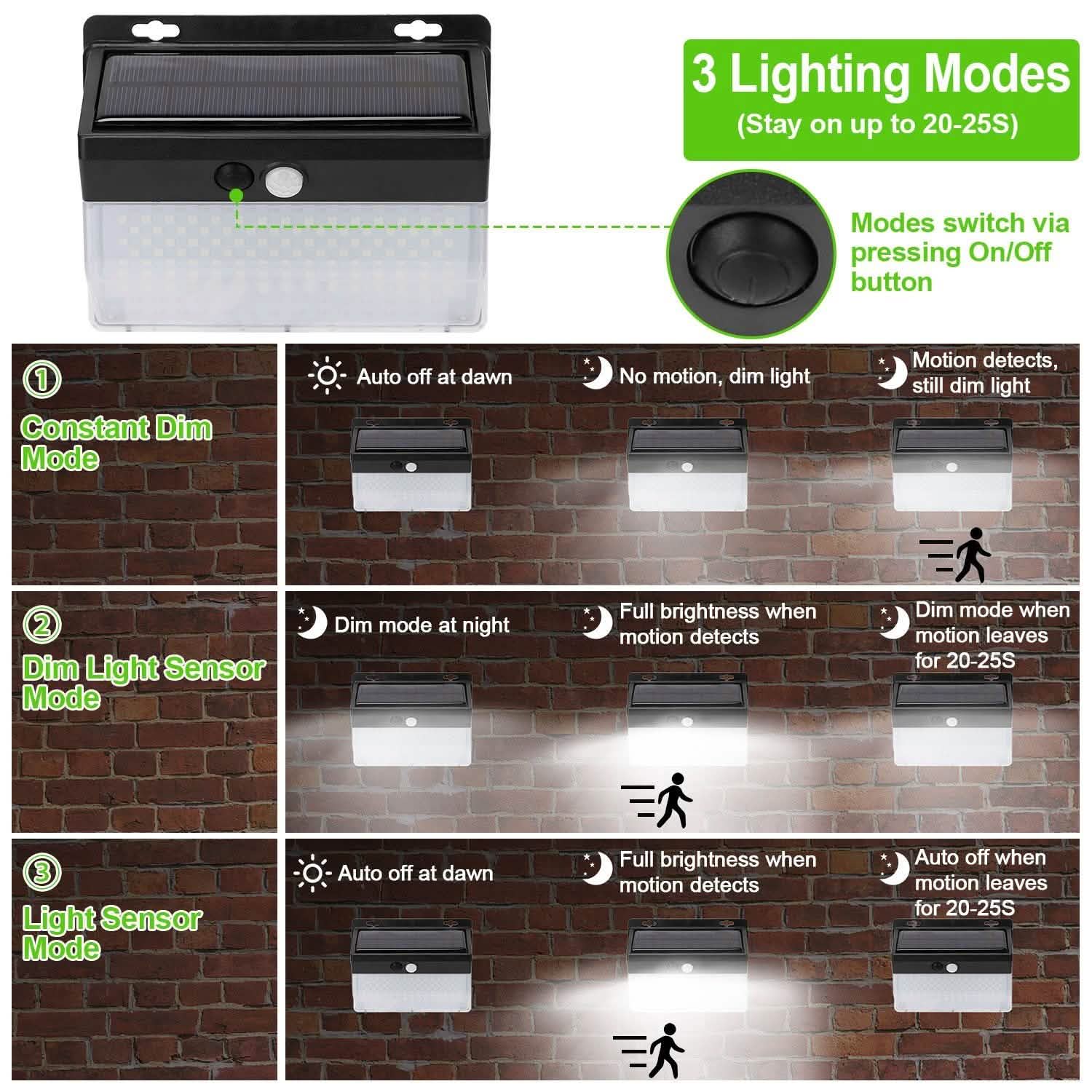 Lampe solaire murale extérieure 206 LED avec détecteur de mouvement PIR
