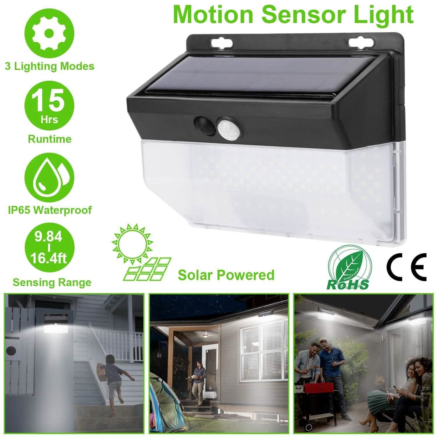 Lampe solaire murale extérieure 206 LED avec détecteur de mouvement PIR