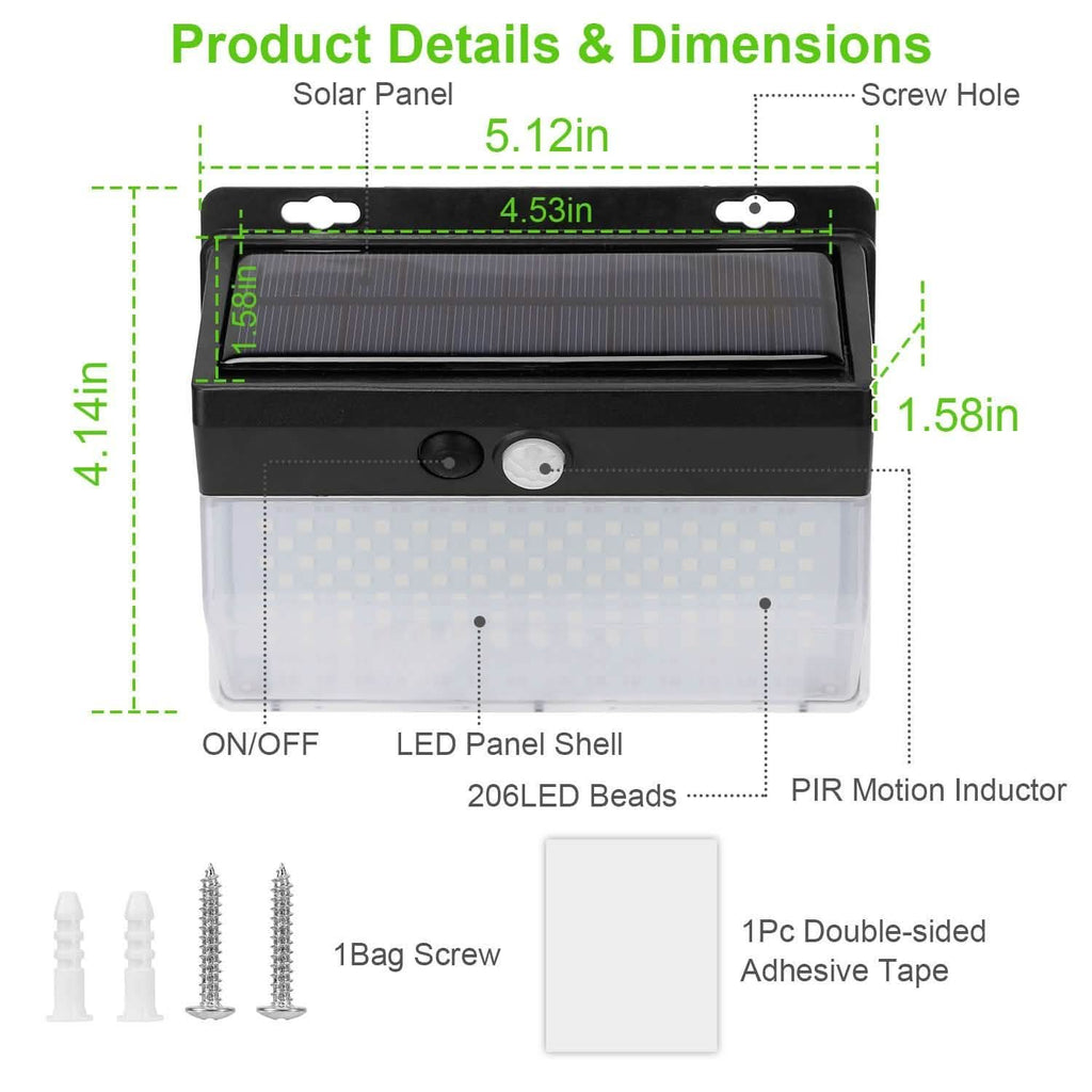 Lampe solaire murale extérieure 206 LED avec détecteur de mouvement PIR