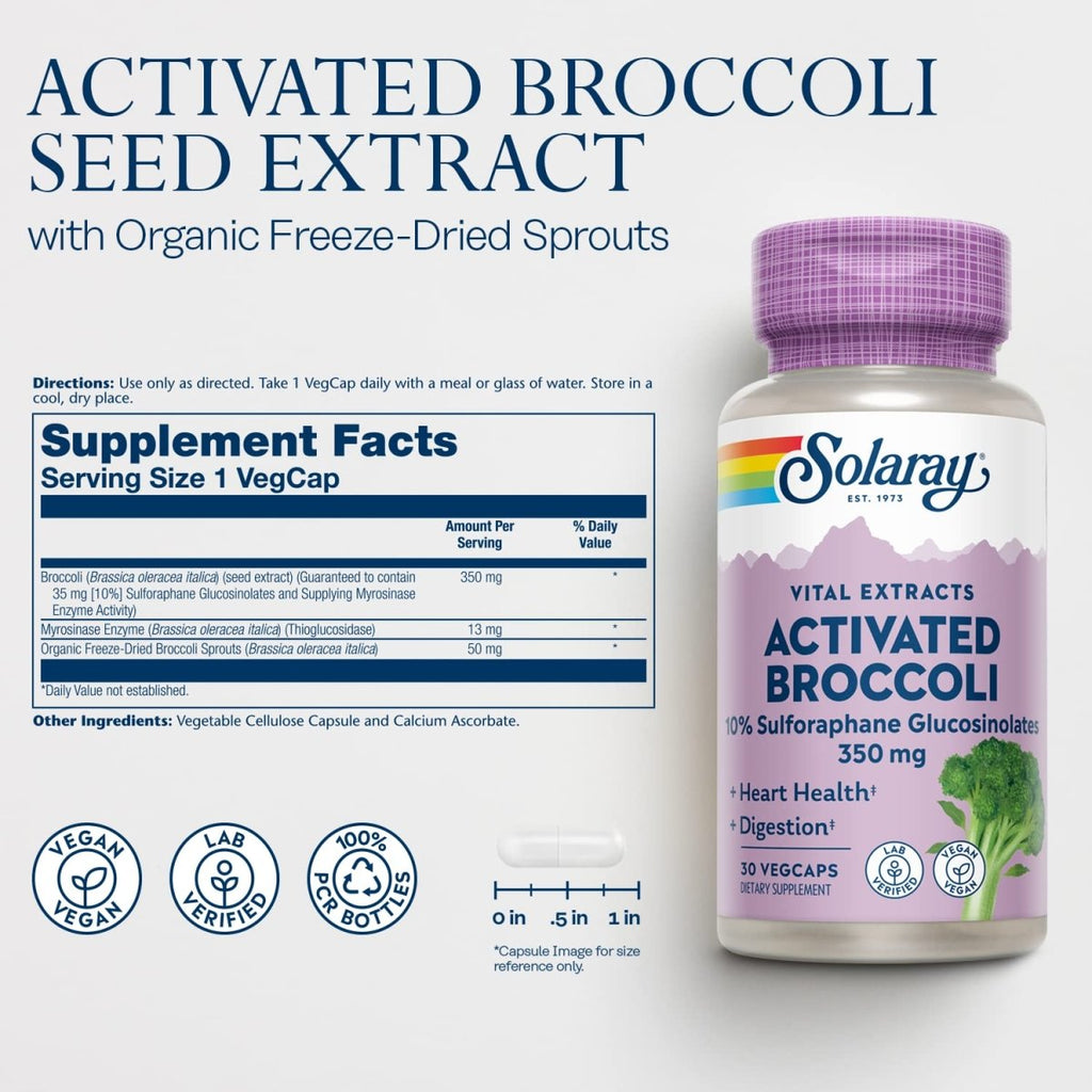 SOLARAY Extrait de graines de brocoli activées 350 mg, 10 % de glucosinolates de sulforaphane pour le soutien antioxydant, la santé cardiaque et le soutien digestif, végétalien et vérifié en laboratoire, 30 portions, 30 VegCaps