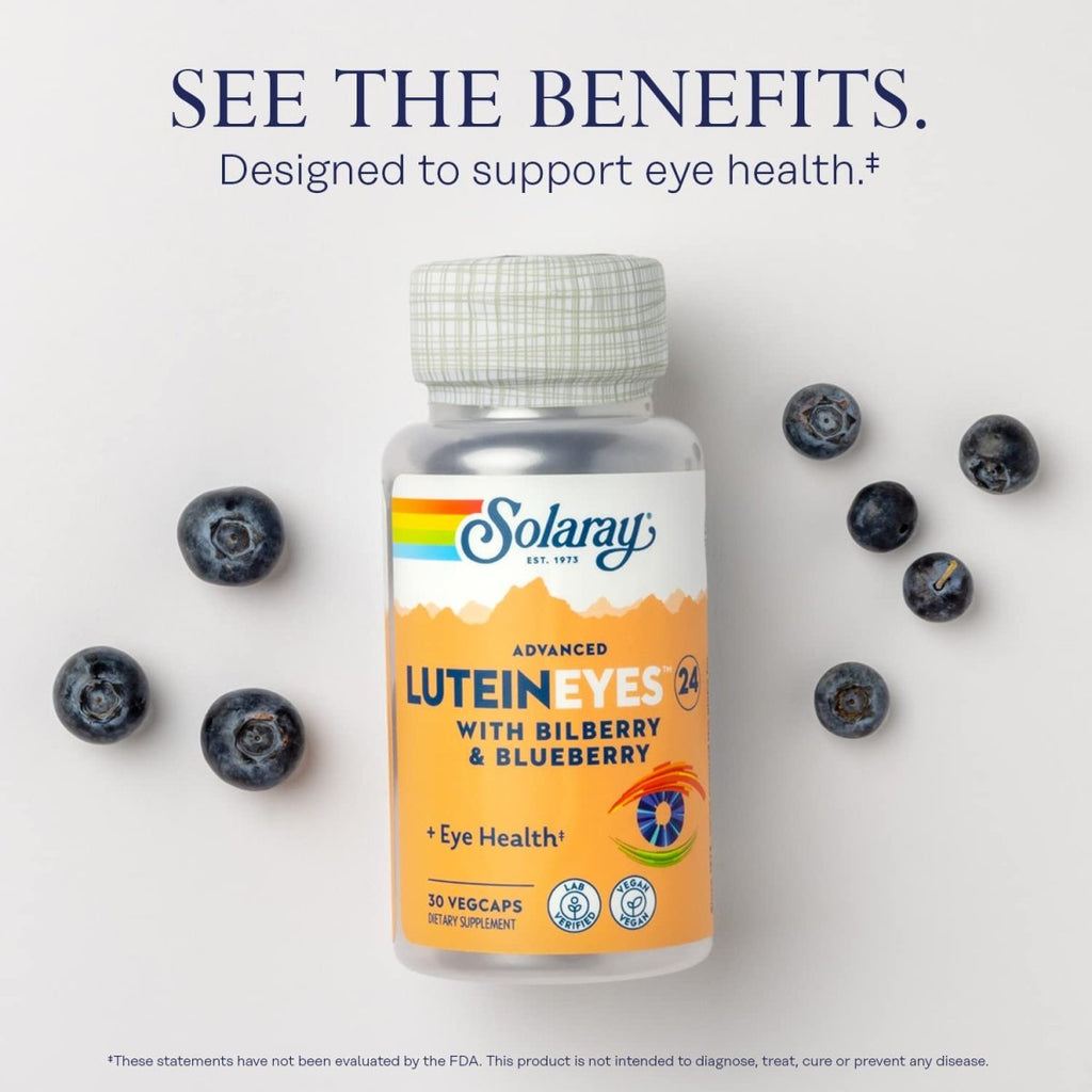 SOLARAY Lutein Avancée Yeux 24mg avec Extrait de Myrtille et Extrait de Baie d'Açaï, Supplément de Soutien pour la Santé des Yeux et de la Macula Fournissant de la Zéaxanthine de Fleur de Souci, Végétalien, 30 Portions, 30 Gélules Végétales