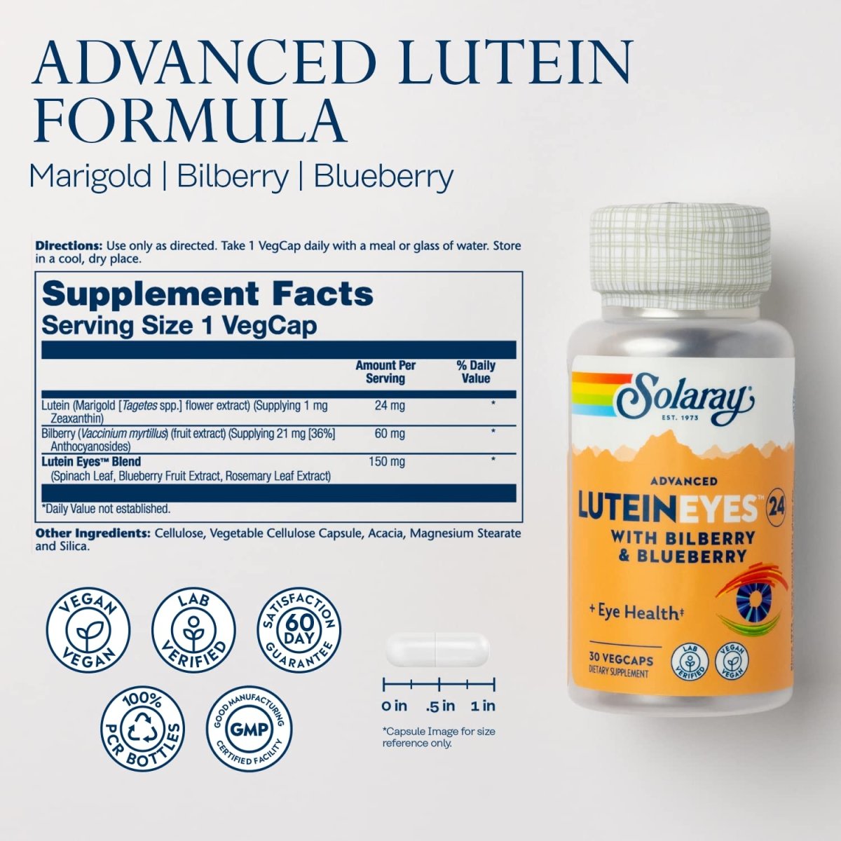 SOLARAY Lutein Avancée Yeux 24mg avec Extrait de Myrtille et Extrait de Baie d'Açaï, Supplément de Soutien pour la Santé des Yeux et de la Macula Fournissant de la Zéaxanthine de Fleur de Souci, Végétalien, 30 Portions, 30 Gélules Végétales