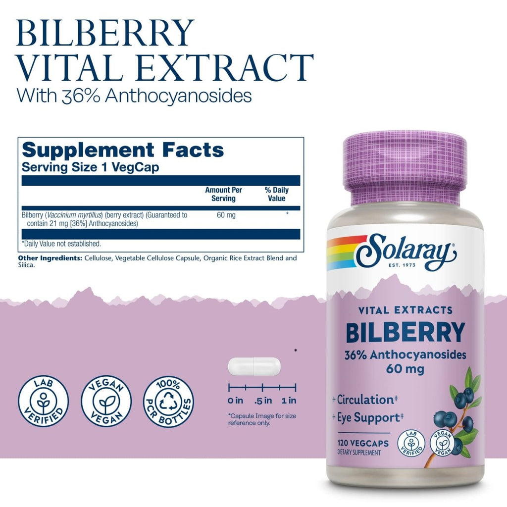 SOLARAY Extrait de myrtille 60 mg par capsule, puissant antioxydant, puissance garantie pour une vision saine et le soutien de la circulation 120 VegCaps