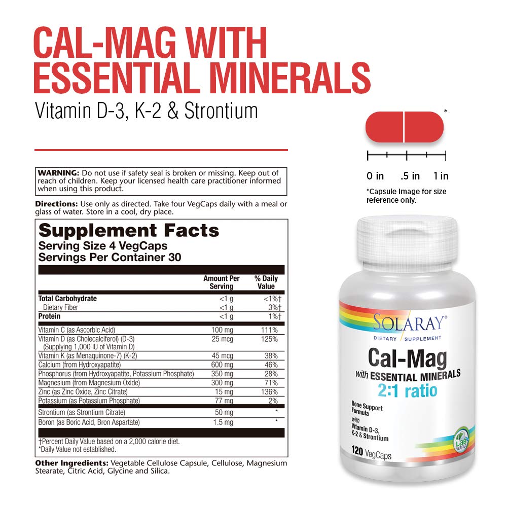 Solaray Cal-Mag with Essential Minerals 120 VegCaps, 30 Servings
