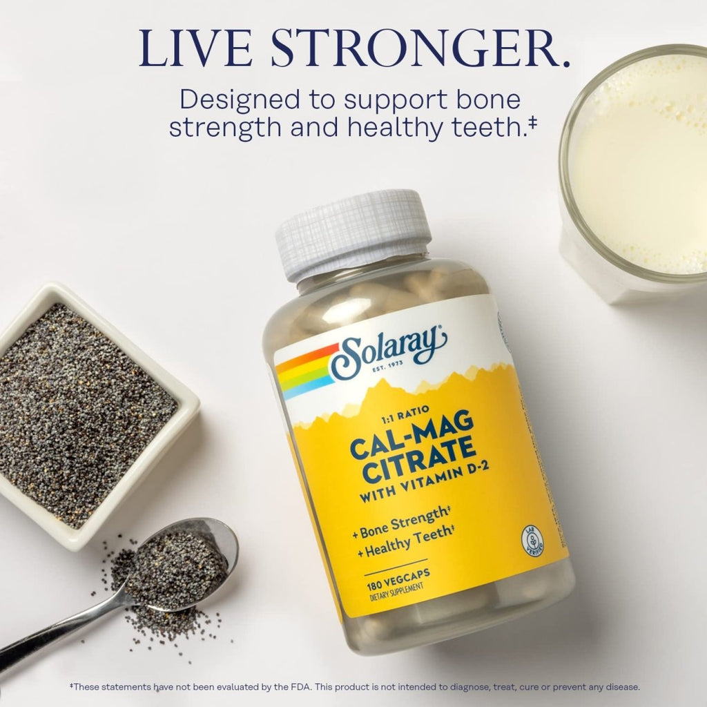 SOLARAY Citrate de Calcium et Magnésium avec Vitamine D-2, Ratio 1:1 pour la Santé des Os, Dents, Muscles et Fonctionnement du Système Nerveux, Haute Absorption, 180 Comprimés