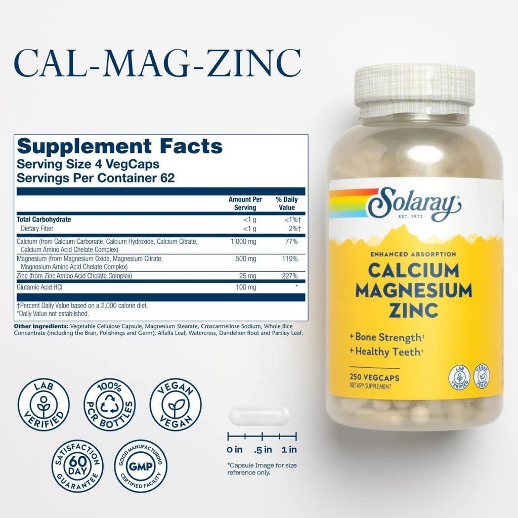 Solaray - Calcium Magnésium Zinc - 250 Gélules Végétariennes