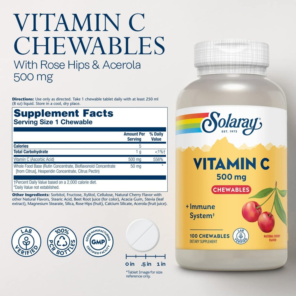 Solaray Vitamine C à Croquer 500 mg, Arôme Cerise Naturelle avec Édulcorants Naturels, Complément Antioxydant et de Soutien Immunitaire avec Base Alimentaire Complète, Garantie de 60 Jours, 100 Portions, 100 Comprimés à Croquer