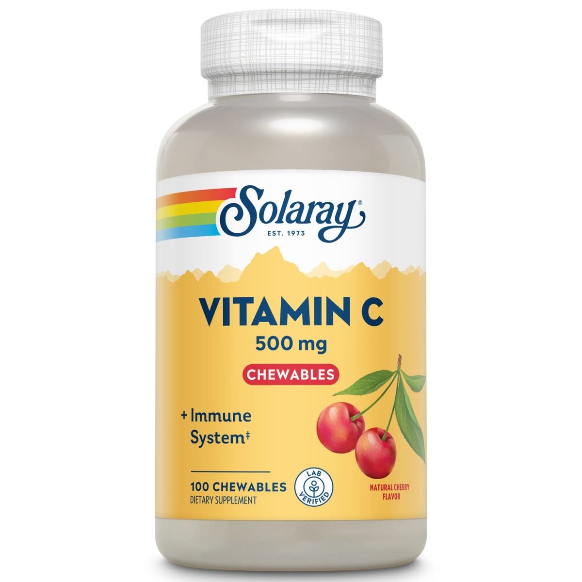 Solaray Vitamine C à Croquer 500 mg, Arôme Cerise Naturelle avec Édulcorants Naturels, Complément Antioxydant et de Soutien Immunitaire avec Base Alimentaire Complète, Garantie de 60 Jours, 100 Portions, 100 Comprimés à Croquer