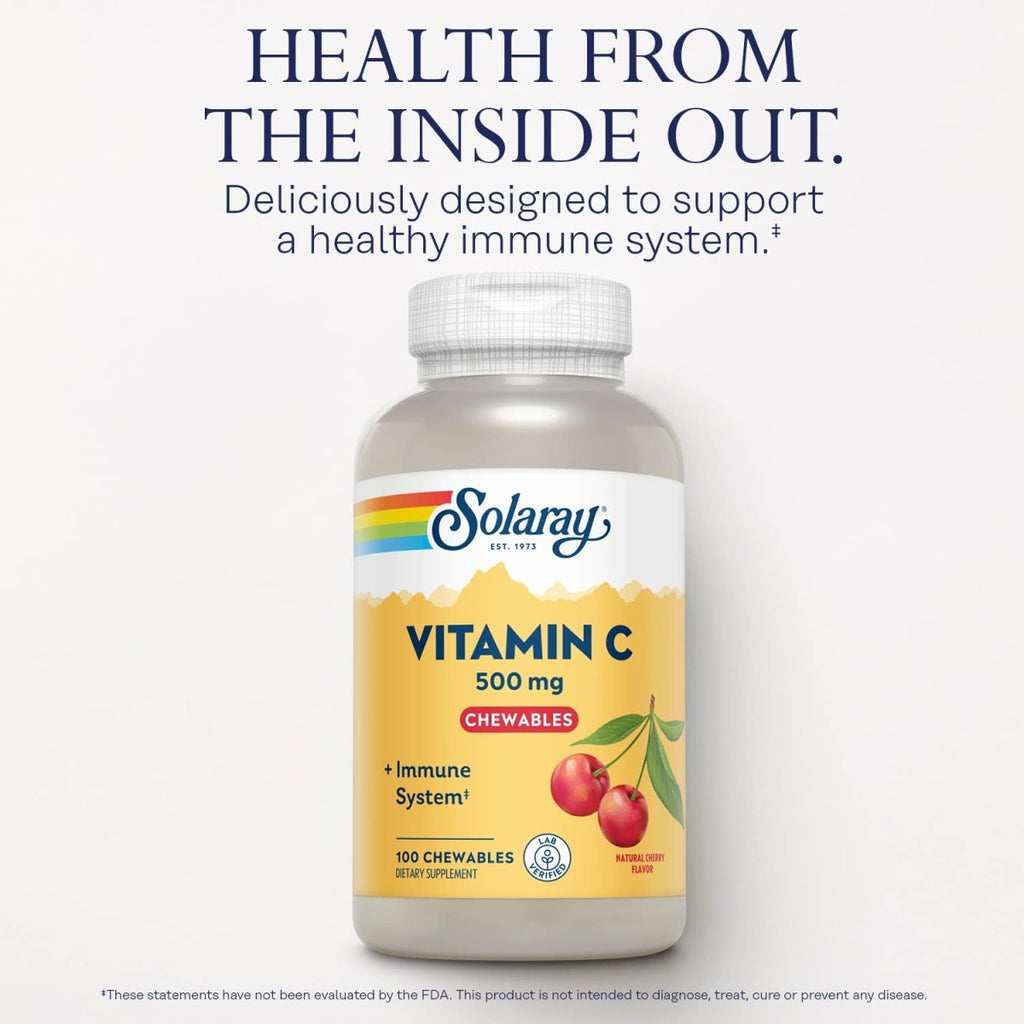 Solaray Vitamine C à Croquer 500 mg, Arôme Cerise Naturelle avec Édulcorants Naturels, Complément Antioxydant et de Soutien Immunitaire avec Base Alimentaire Complète, Garantie de 60 Jours, 100 Portions, 100 Comprimés à Croquer