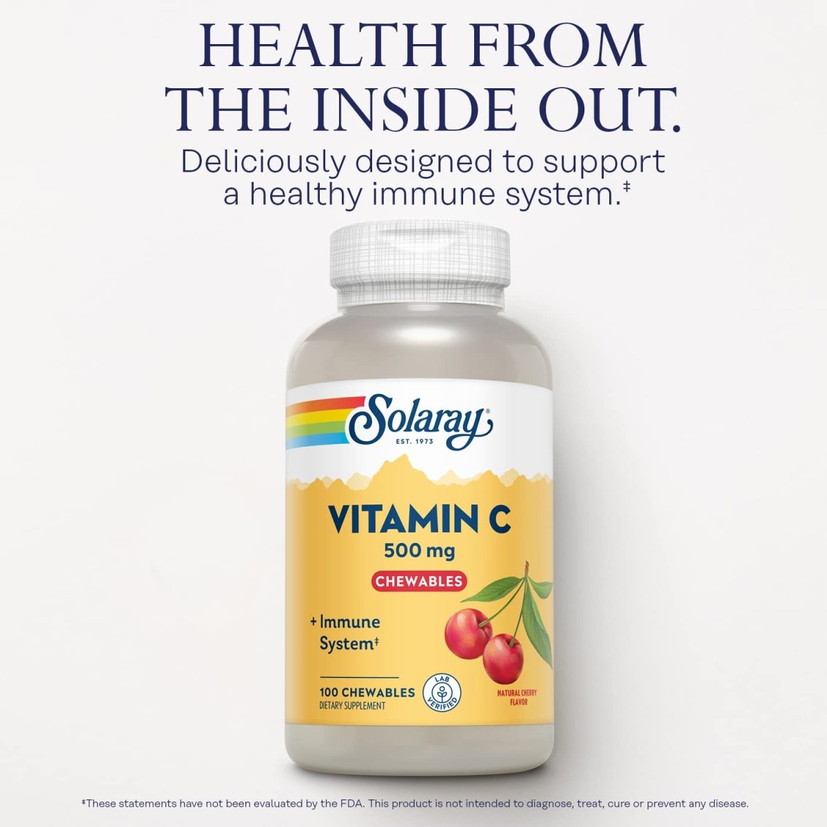 Solaray Vitamine C à Croquer 500 mg, Arôme Cerise Naturelle avec Édulcorants Naturels, Complément Antioxydant et de Soutien Immunitaire avec Base Alimentaire Complète, Garantie de 60 Jours, 100 Portions, 100 Comprimés à Croquer