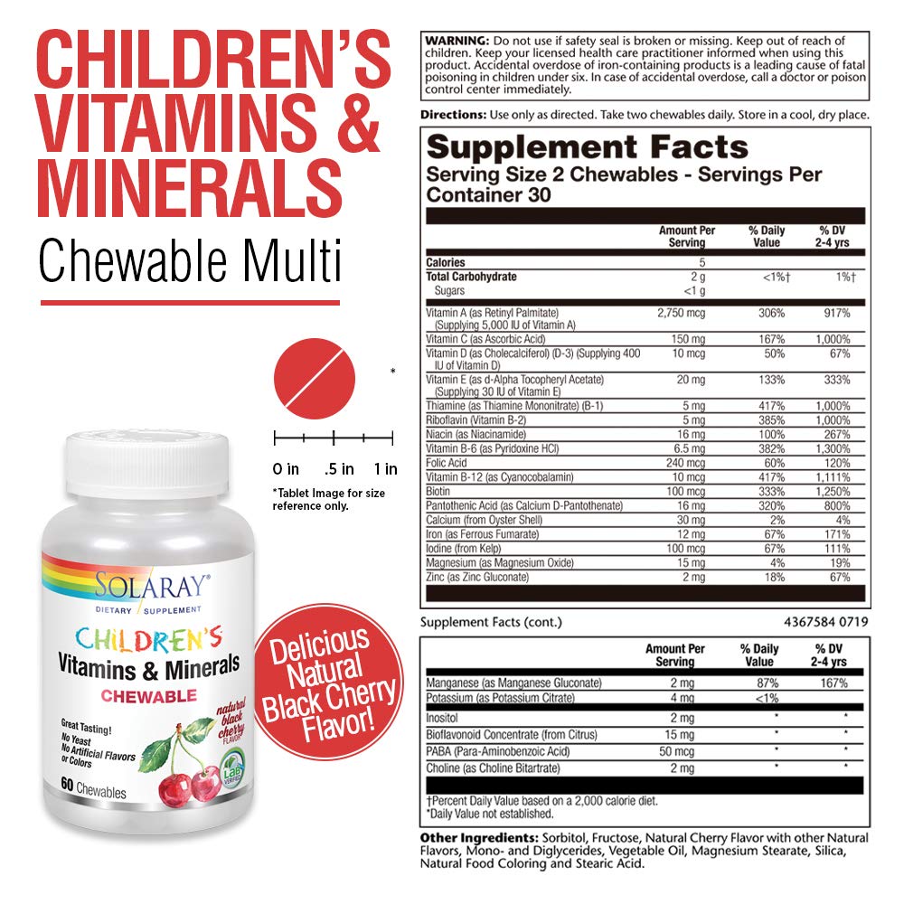Solaray Vitamines et Minéraux pour Enfants Multivitamine Complète pour Enfants Excellente Saveur Cerise Noire (076280047974) (60 Mâchables, 30 Portions)