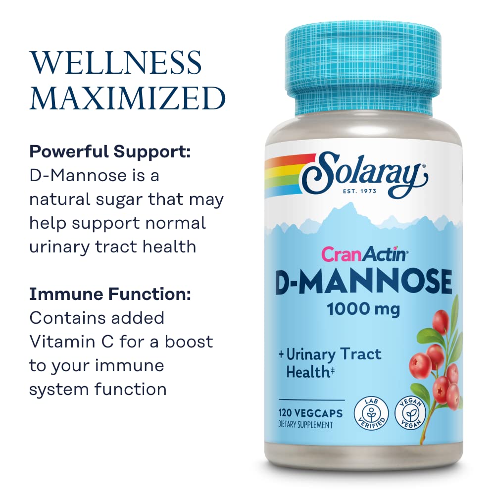 SOLARAY D-Mannose avec supplément de canneberge CranActin 400 mg, capsules de soutien de la santé des voies urinaires et de la vessie avec vitamine C pour la fonction immunitaire, végétalien, garantie de 60 jours, 30 portions, 60 VegCaps