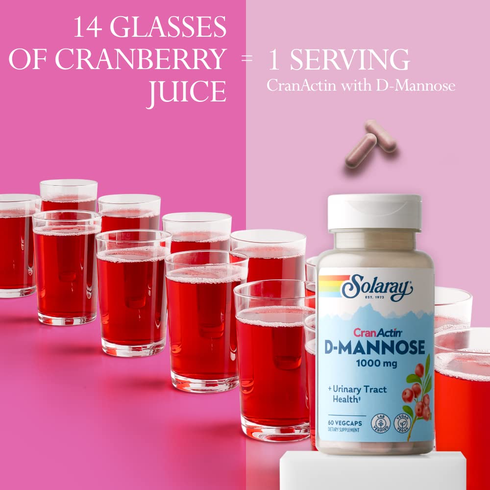 SOLARAY D-Mannose avec supplément de canneberge CranActin 400 mg, capsules de soutien de la santé des voies urinaires et de la vessie avec vitamine C pour la fonction immunitaire, végétalien, garantie de 60 jours, 30 portions, 60 VegCaps