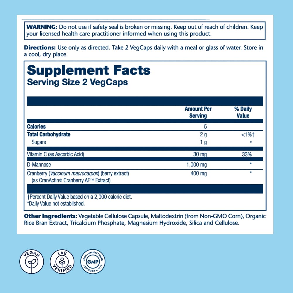 SOLARAY D-Mannose avec supplément de canneberge CranActin 400 mg, capsules de soutien de la santé des voies urinaires et de la vessie avec vitamine C pour la fonction immunitaire, végétalien, garantie de 60 jours, 30 portions, 60 VegCaps