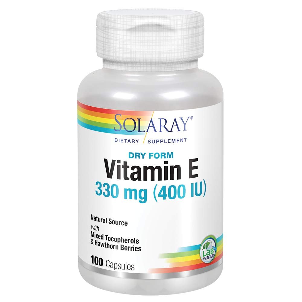 SOLARAY Dry Vitamin E with Hawthorn Berries 330mg (400IU) Heart & Skin Health, Antioxidant Support, 100ct