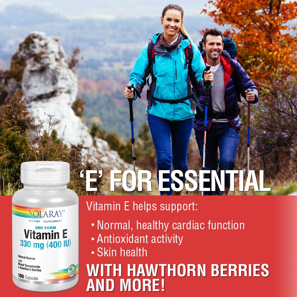 SOLARAY Dry Vitamin E with Hawthorn Berries 330mg (400IU) Heart & Skin Health, Antioxidant Support, 100ct