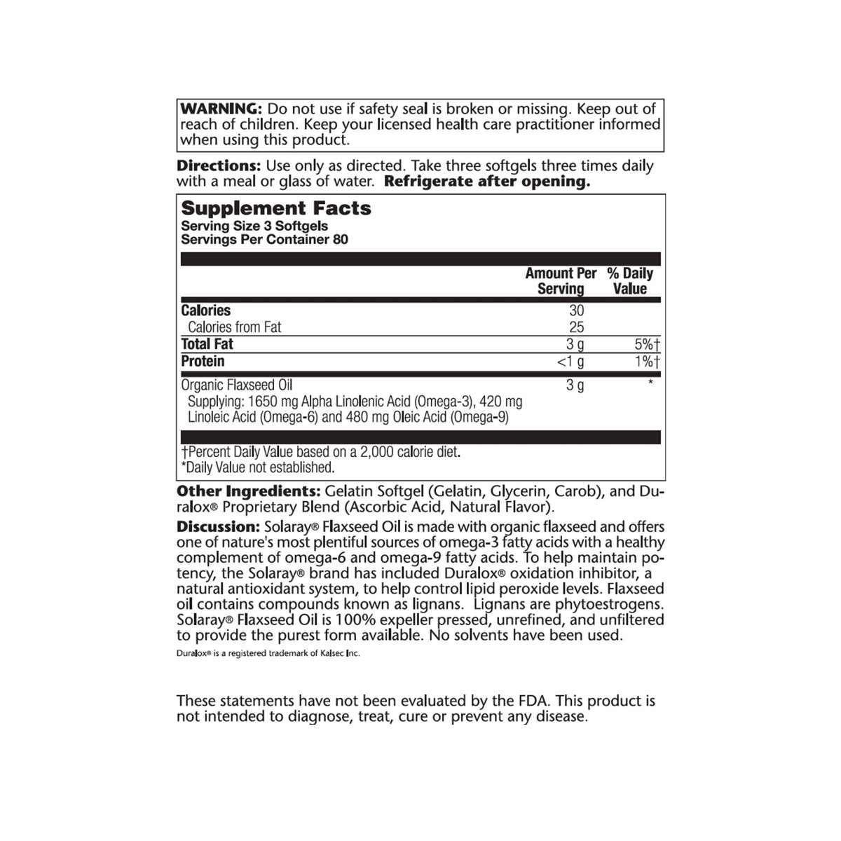 SOLARAY Huile de Lin Gélules - 1000mg, 240 Gélules