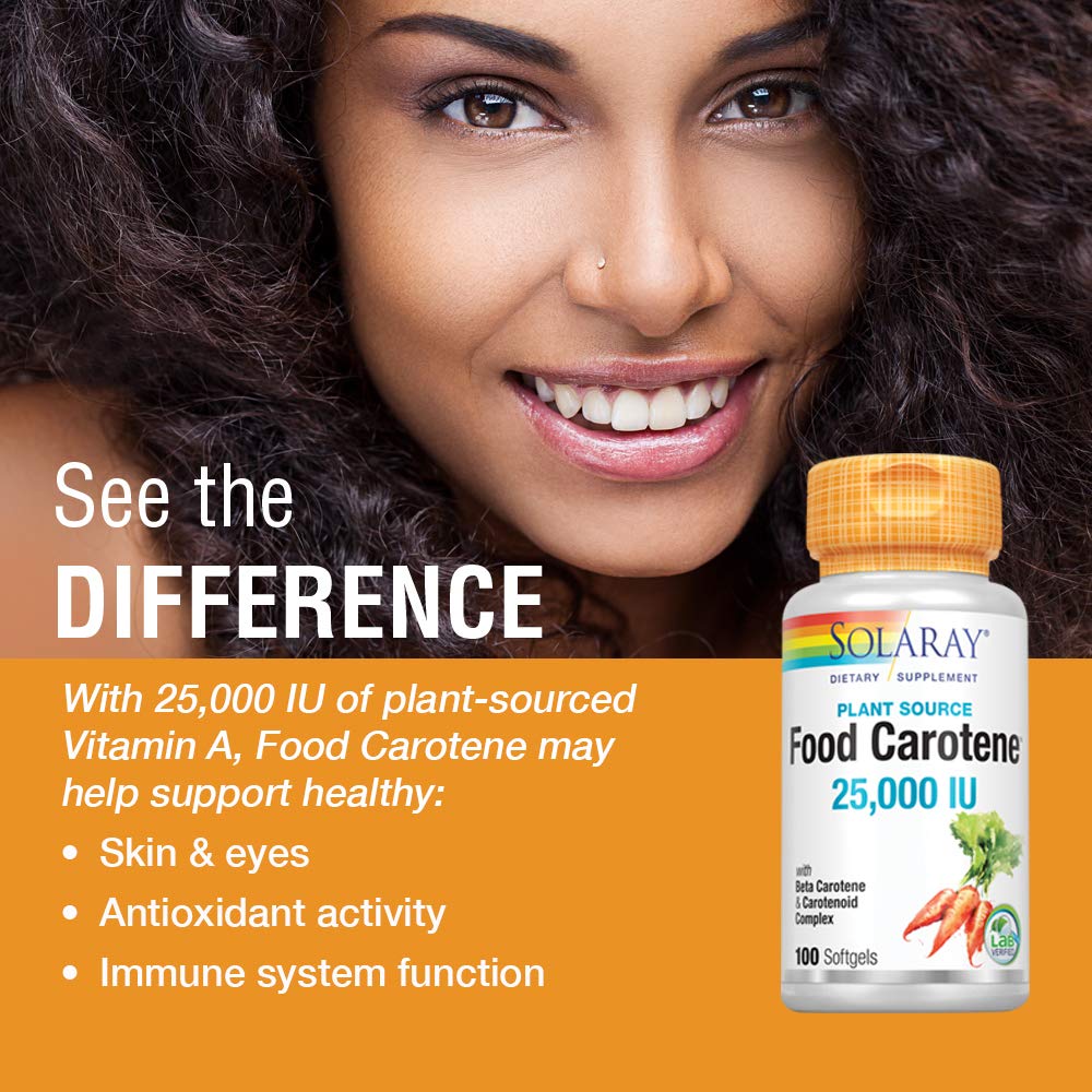 SOLARAY Food Carotene 7500mcg (25000 IU) - Beta Carotene Vitamin A Supplement - Wellness and Immune Support Supplement, Potent Eye Vitamins and Skin Food, Plant Sourced, 60-Day Guarantee, 100 Softgels