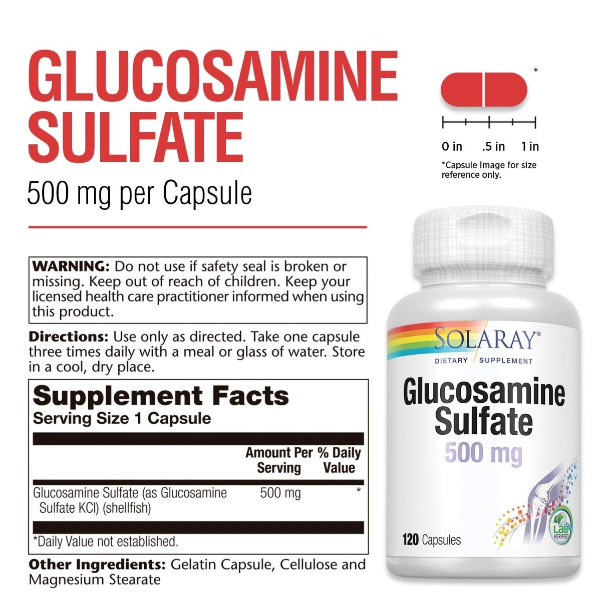 SOLARAY Glucosamine Sulfate 500 mg Favorise la souplesse et la résilience des articulations (60 portions, 120 gél.)