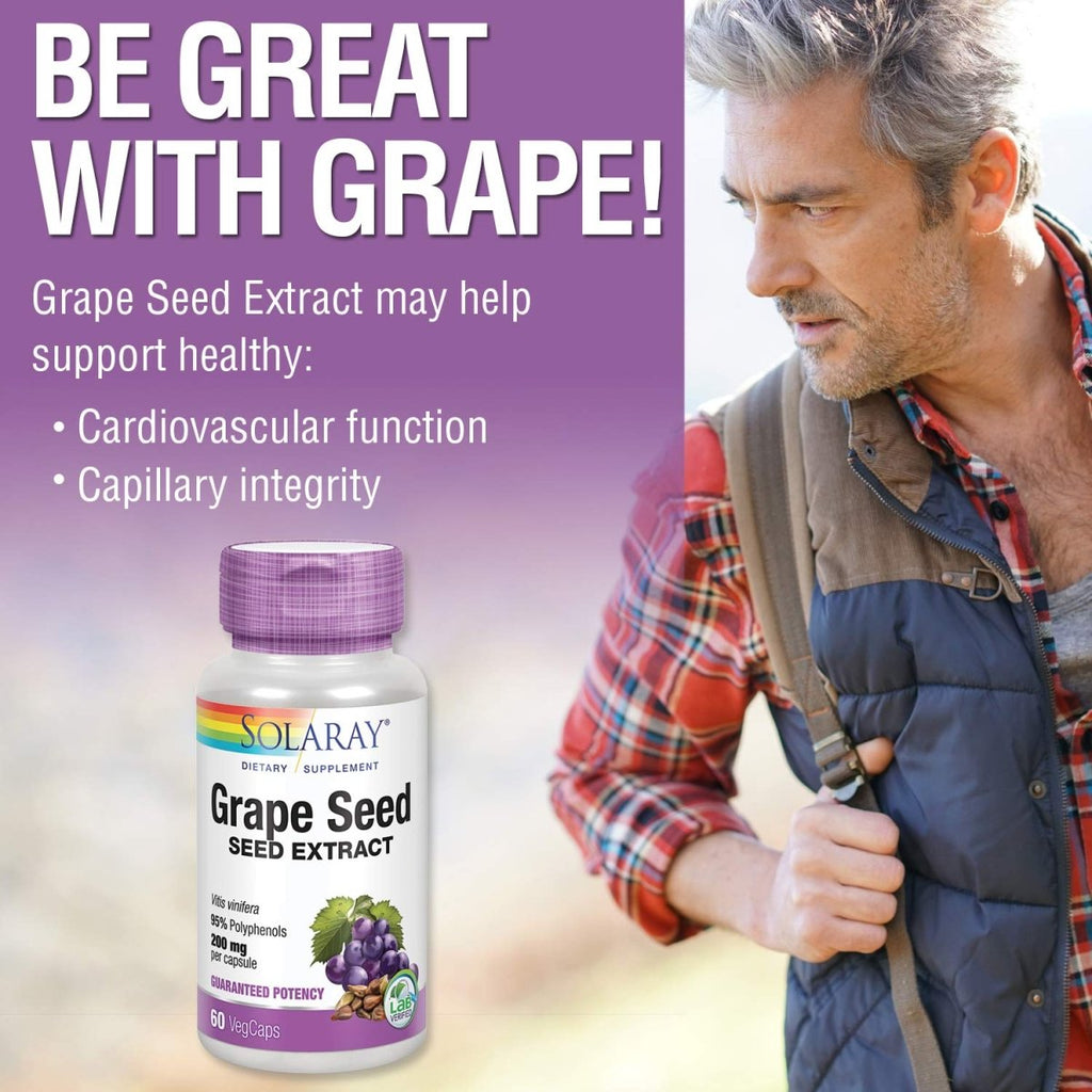 SOLARAY Extrait de Pépins de Raisin 200 mg Plus Complexe Bioflavonoïde - 60 VegCaps - Soutien Cardiovasculaire et des Vaisseaux Sanguins