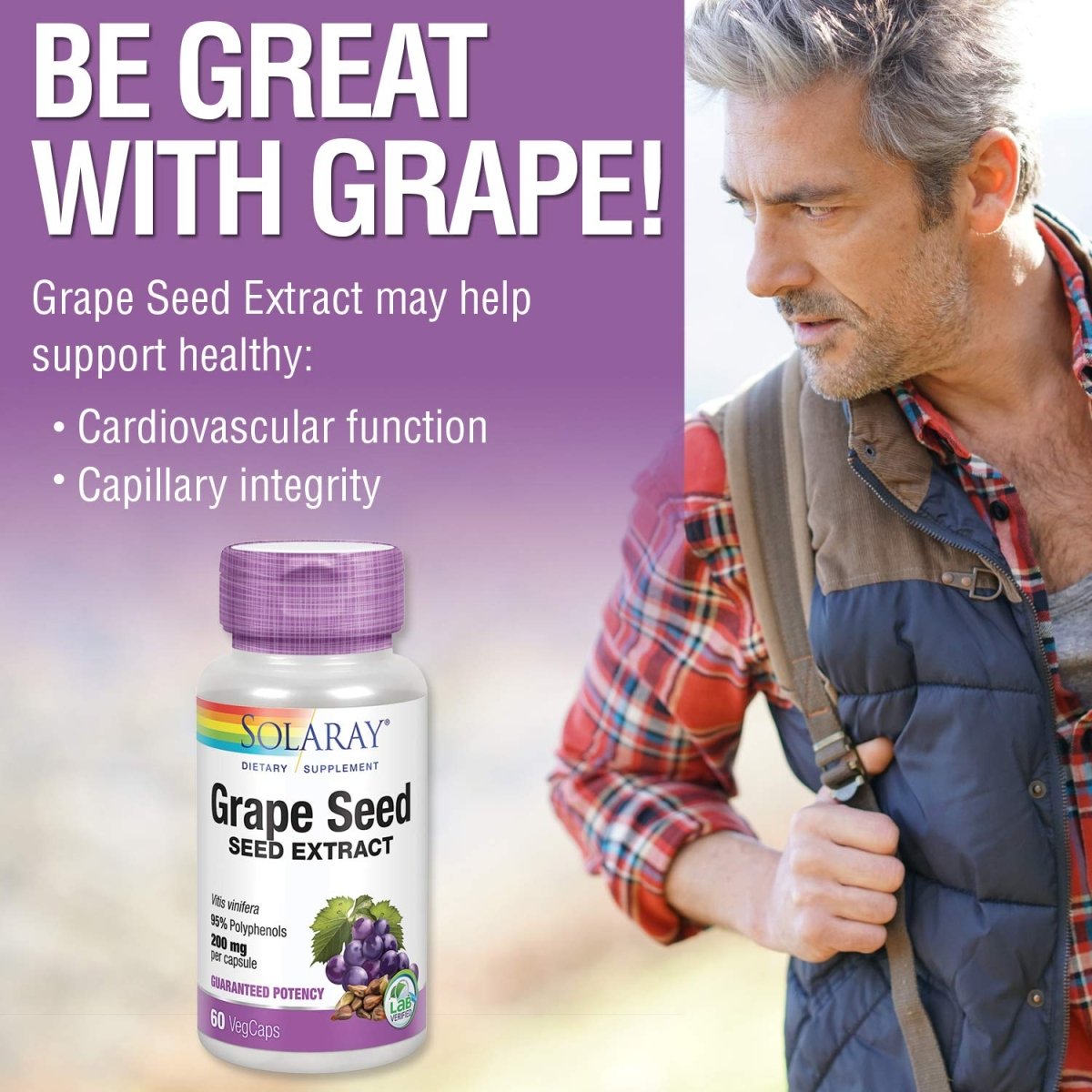 SOLARAY Extrait de Pépins de Raisin 200 mg Plus Complexe Bioflavonoïde - 60 VegCaps - Soutien Cardiovasculaire et des Vaisseaux Sanguins