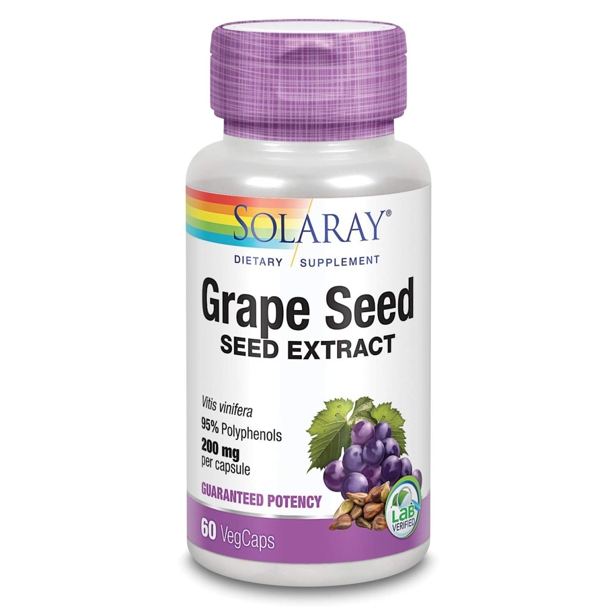 SOLARAY Extrait de Pépins de Raisin 200 mg Plus Complexe Bioflavonoïde - 60 VegCaps - Soutien Cardiovasculaire et des Vaisseaux Sanguins