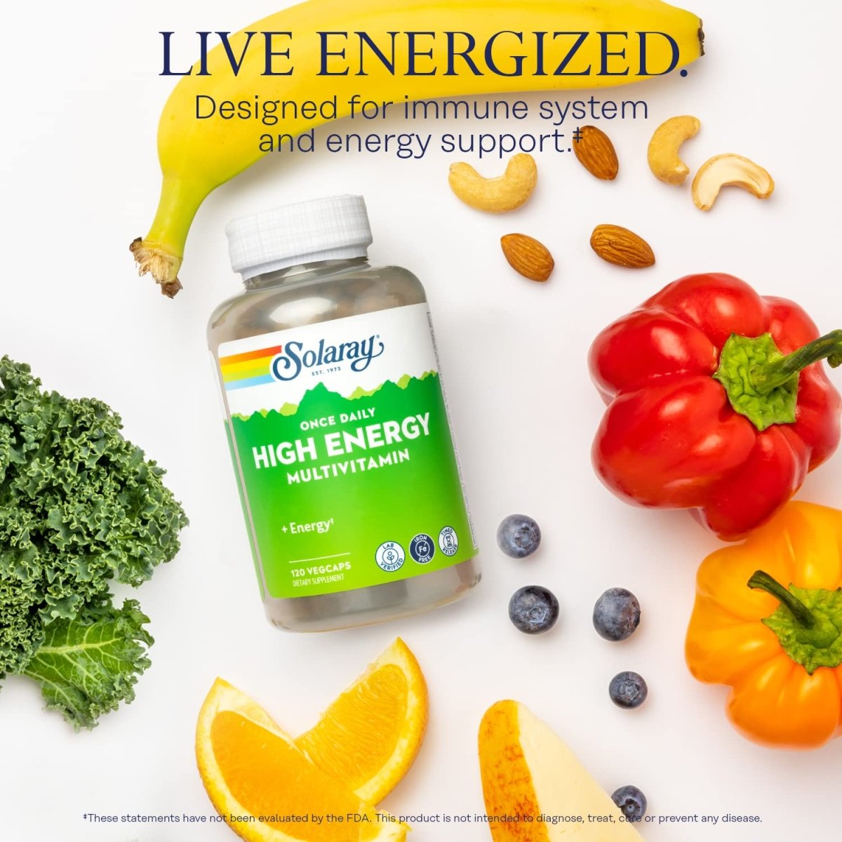 SOLARAY Multivitamine haute énergie, sans fer, 1/jour, formule à libération prolongée, à base d'aliments complets et d'herbes, 120 Végélules