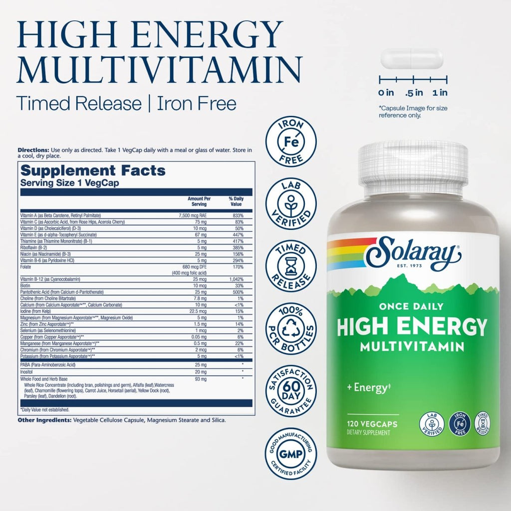 SOLARAY Multivitamine haute énergie, sans fer, 1/jour, formule à libération prolongée, à base d'aliments complets et d'herbes, 120 Végélules