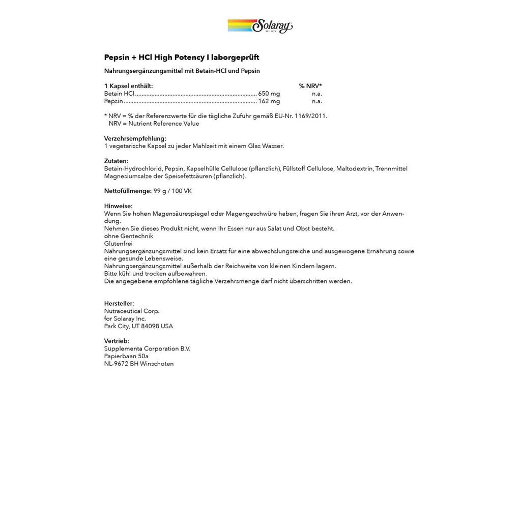 Solaray HCL Haute Puissance + Pepsine 650 mg VCapsules, 100 unités