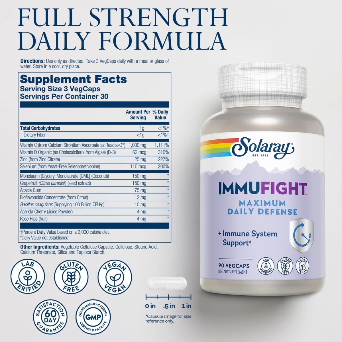 SOLARAY Immufight Défense Quotidienne Maximale, Soutien Immunitaire Toute la Journée, Vitamine C, Vitamine D, Zinc, Probiotiques, Monolaurine, Acérola & Plus, Végan & Sans Gluten, Garantie 60 Jours, 30 Portions, 90 Gélules Végétales