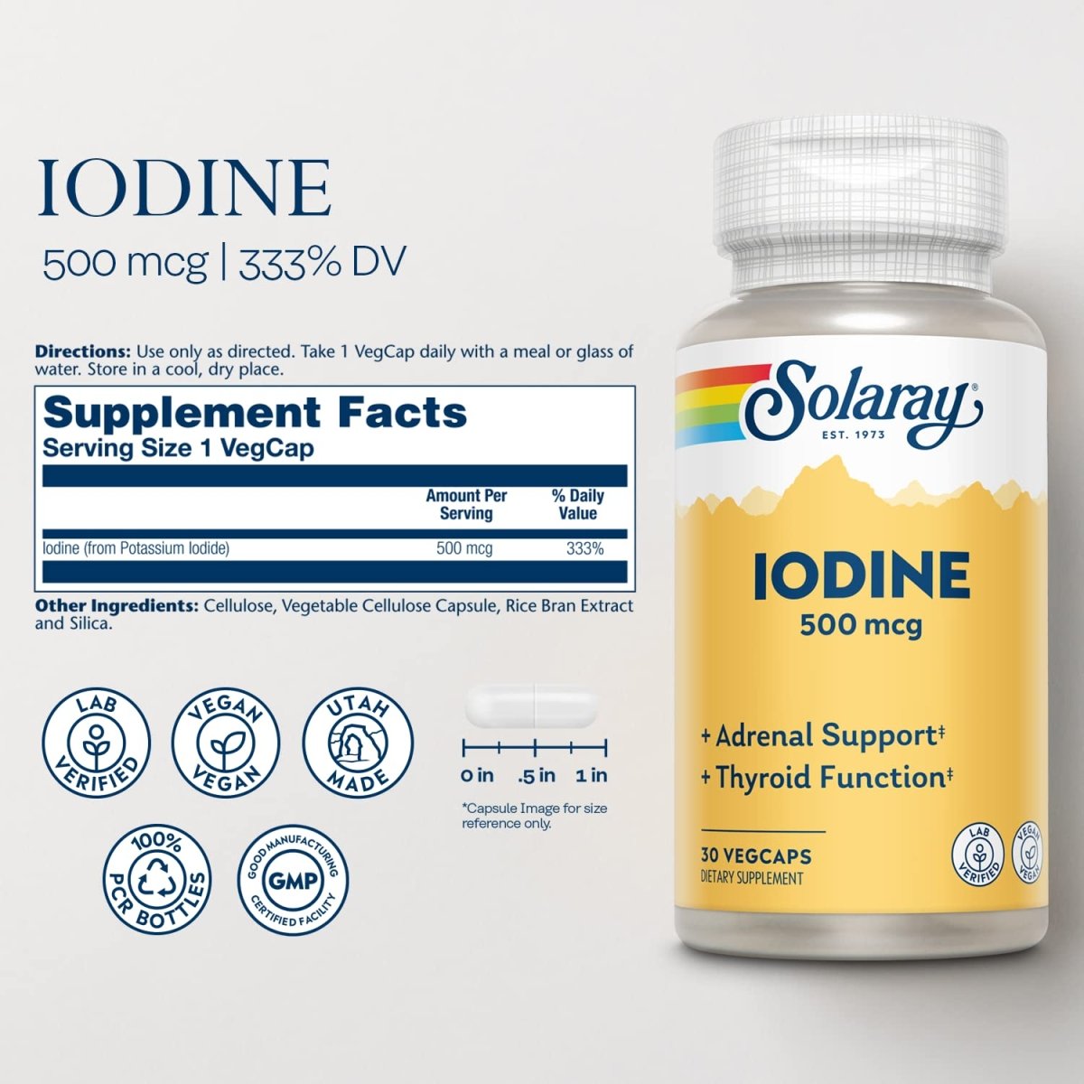 Solaray Iode 500 mcg, supplément d'iode pour le soutien sain des glandes surrénales et de la thyroïde, l'énergie, le métabolisme et la concentration, iodure de potassium, végétalien, garantie de remboursement de 60 jours, 30 portions, 30 VegCaps