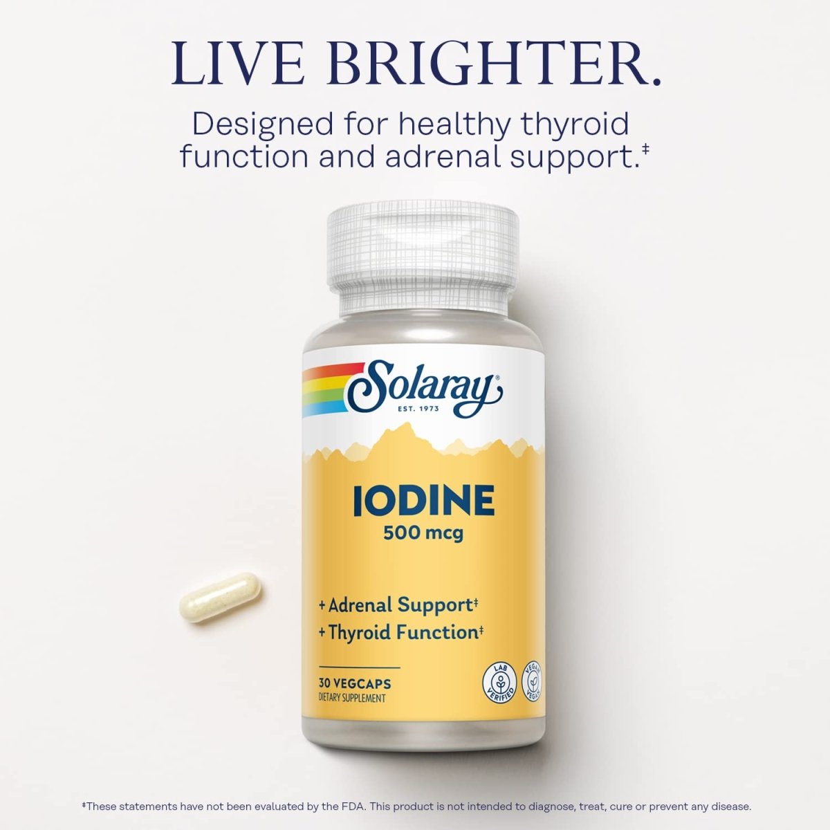 Solaray Iode 500 mcg, supplément d'iode pour le soutien sain des glandes surrénales et de la thyroïde, l'énergie, le métabolisme et la concentration, iodure de potassium, végétalien, garantie de remboursement de 60 jours, 30 portions, 30 VegCaps