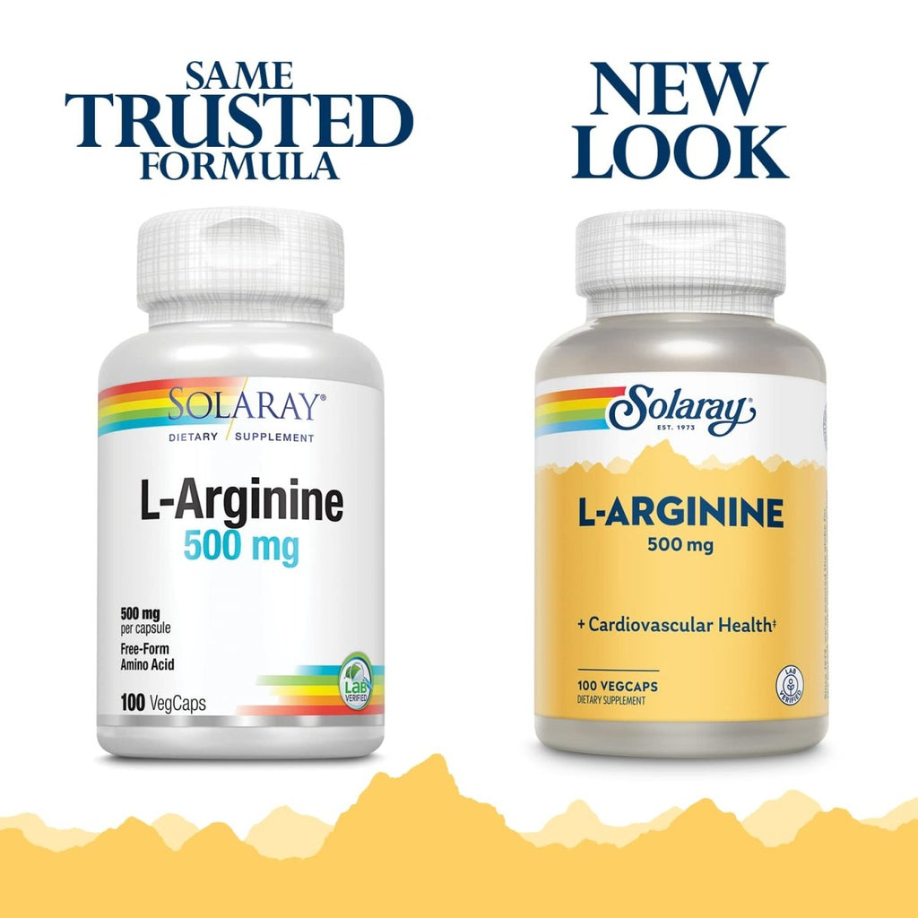 SOLARAY L-Arginine 500 mg, Complément d'Oxyde Nitrique, Endurance, Énergie, Soutien Cardiaque, 100 Portions, 100 Gélules Végétales