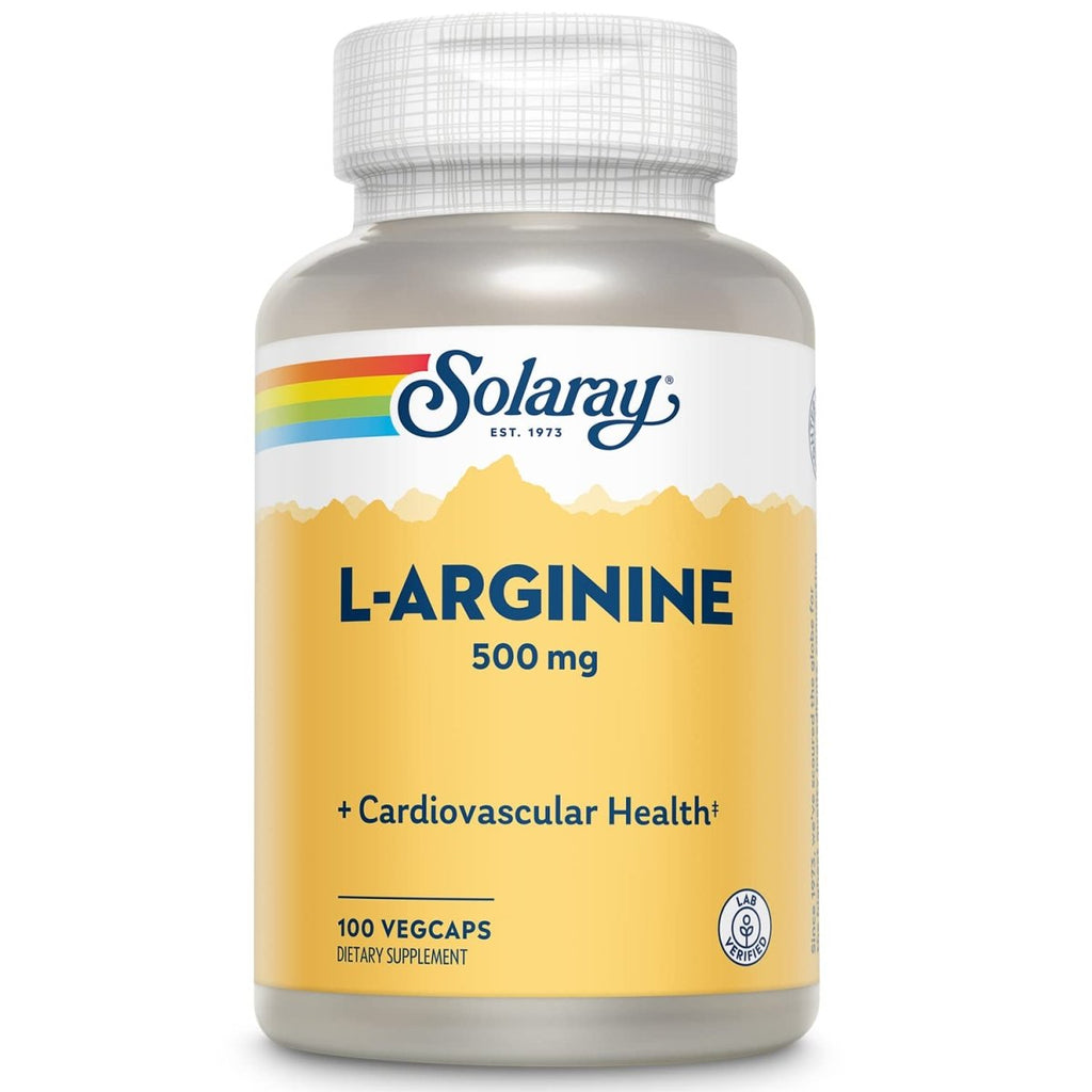 SOLARAY L-Arginine 500 mg, Complément d'Oxyde Nitrique, Endurance, Énergie, Soutien Cardiaque, 100 Portions, 100 Gélules Végétales
