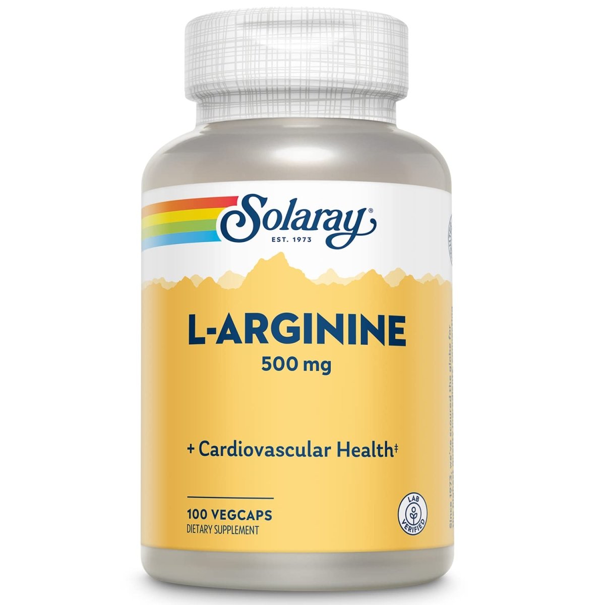 SOLARAY L-Arginine 500 mg, Complément d'Oxyde Nitrique, Endurance, Énergie, Soutien Cardiaque, 100 Portions, 100 Gélules Végétales