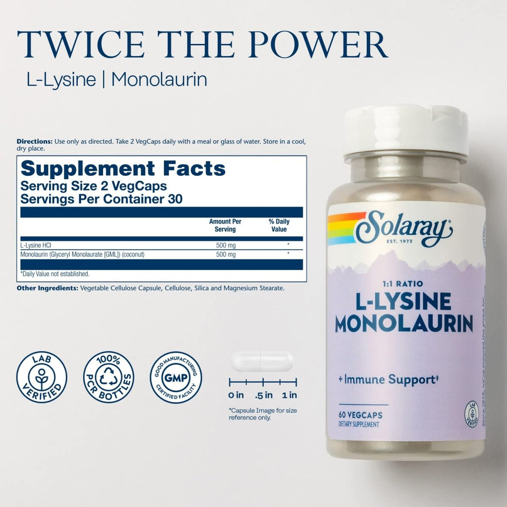 Solaray L-Lysine Monolaurine Soutien Immunitaire - Formule Puissante pour une Fonction Optimale du Système Immunitaire - 60 Gélules Végétales