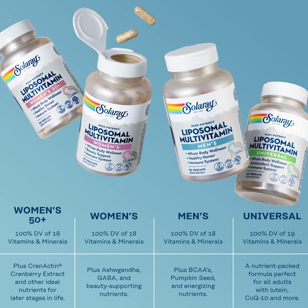 SOLARAY Liposomal Multivitamin for Men, Enhanced Absorption Immune, Energy & Bone Support, Mens Daily Multi Vitamin, BCAA's, Vitamin D3, C, B12, Zinc, Vegan, Soy Free, 30 Servings, 60 VegCaps