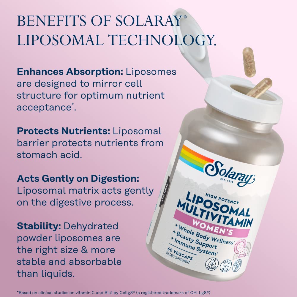 SOLARAY Multivitamine liposomale pour femme, absorption améliorée, haute puissance avec fer, vitamine D, vitamine C, B12, biotine, CoQ10, soutien immunitaire, santé osseuse, végétalien, 60 portions, 120 gélules végétales