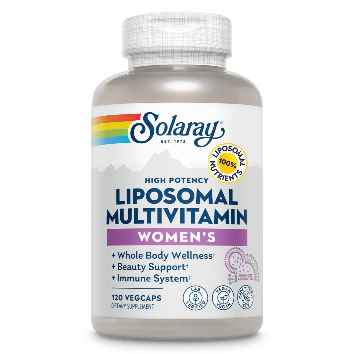 SOLARAY Multivitamine liposomale pour femme, absorption améliorée, haute puissance avec fer, vitamine D, vitamine C, B12, biotine, CoQ10, soutien immunitaire, santé osseuse, végétalien, 60 portions, 120 gélules végétales
