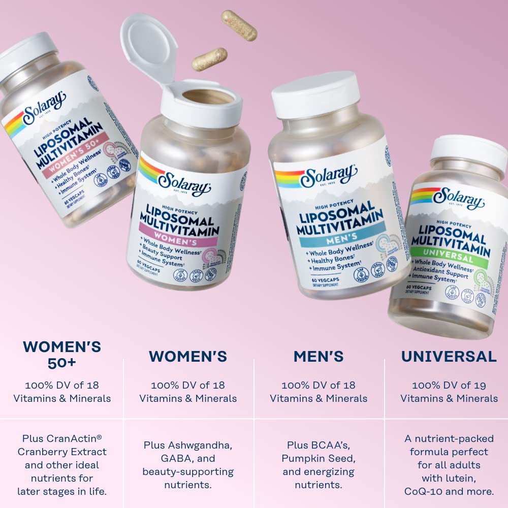 SOLARAY Multivitamine liposomale pour femme, absorption améliorée, haute puissance avec fer, vitamine D, vitamine C, B12, biotine, CoQ10, soutien immunitaire, santé osseuse, végétalien, 60 portions, 120 gélules végétales