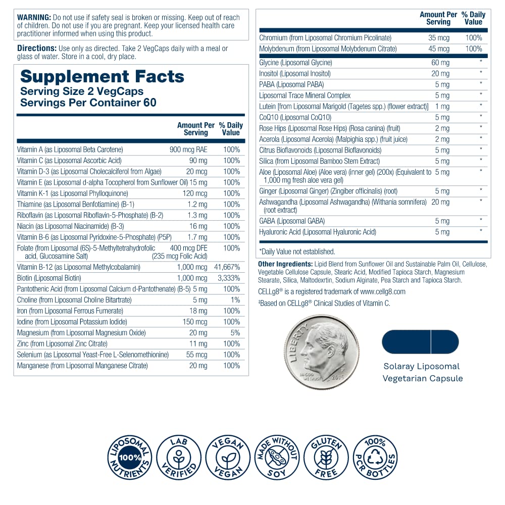 SOLARAY Multivitamine liposomale pour femme, absorption améliorée, haute puissance avec fer, vitamine D, vitamine C, B12, biotine, CoQ10, soutien immunitaire, santé osseuse, végétalien, 60 portions, 120 gélules végétales