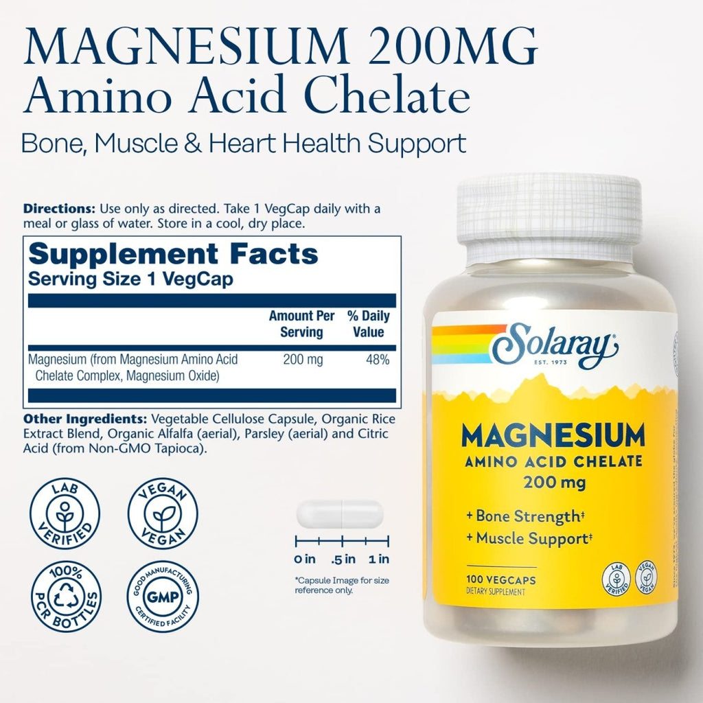 Solaray Magnésium Chélaté Acides Aminés 200 mg, Complément de Magnésium Chélaté pour la Santé Osseuse, la Santé Cardiaque et le Soutien de la Fonction Musculaire, Végétalien, Garantie de Remboursement de 60 Jours, 100 Portions, 100 VegCaps